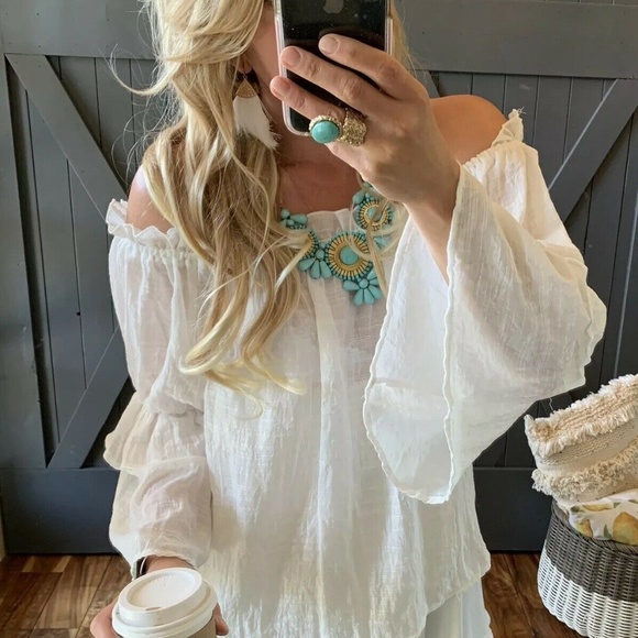 Figleaffashion Tops - Off the Shoulder White Gauze Ruffle Boho Top